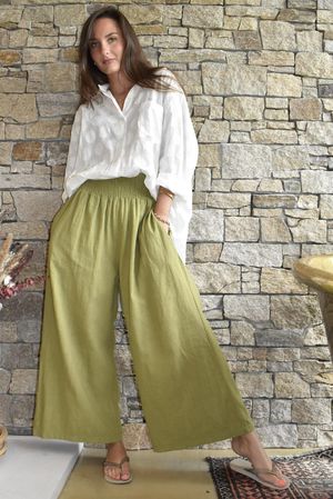 Frame Cotton Shirring Waist Wide Leg Pant Olive